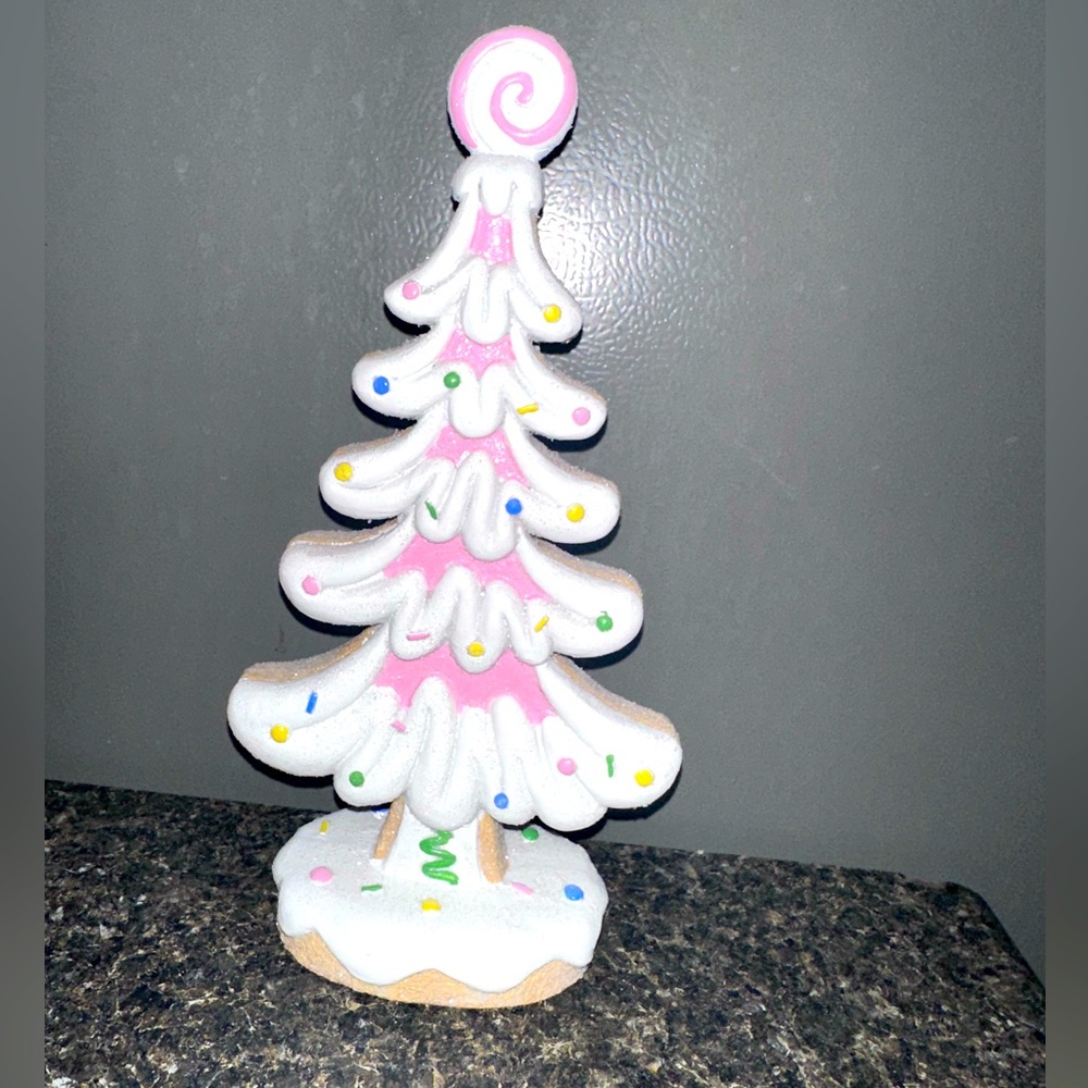 PEPPERMINT SQUARE Pink Gingerbread Cookie Tree Icing Frosted Sugared  Figure 10"